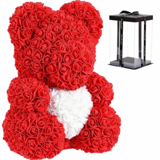 Medvedík z ruží 40 cm - červený so srdcom v darčekovom balení